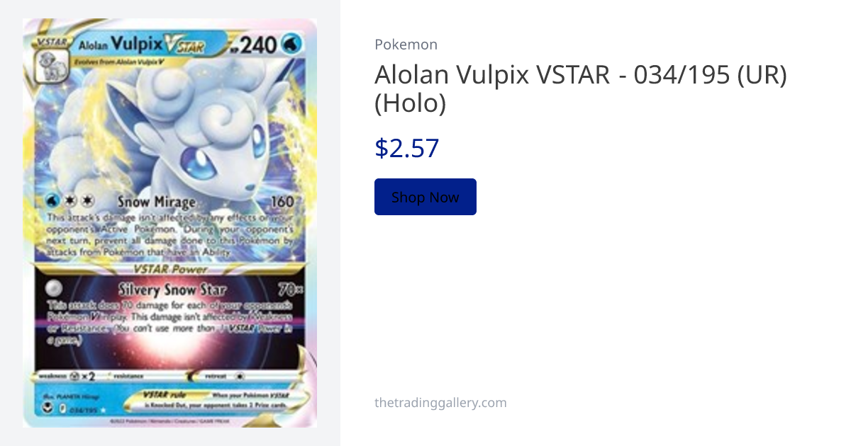 alolan vulpix vstar pokemon card - 034/195 Full Art Ultra Rare During your opponents next turn The Cards Of Pokémon TCG: